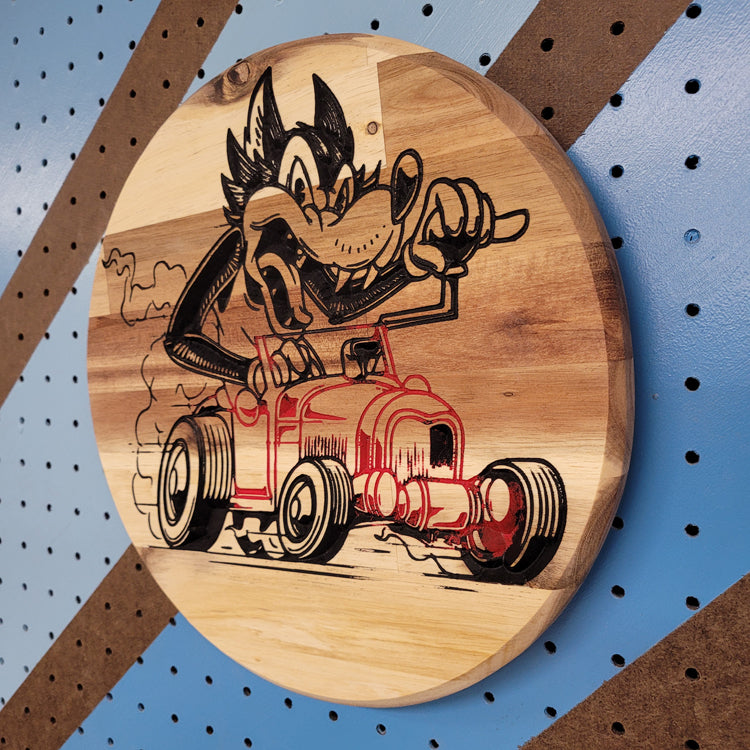 Angled shot of a Handcrafted relief-carved hardwood "Bad Wolf" sign, featuring a stylized cartoon wolf driving a classic hot rod.