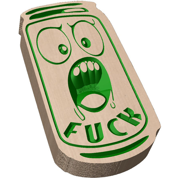 Angled shot of a relief carved hardwood can-shaped sign with green painted screaming cartoon face and the text FUCK.