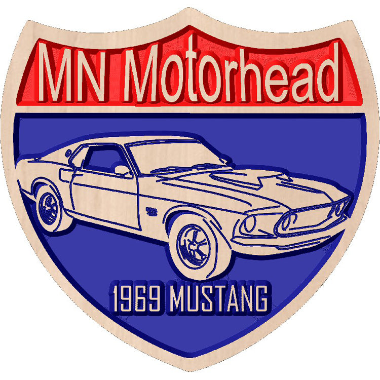 Customizable relief carved hardwood MN highway shield sign shown with a 1969 Mustang design and MN Motorhead text.