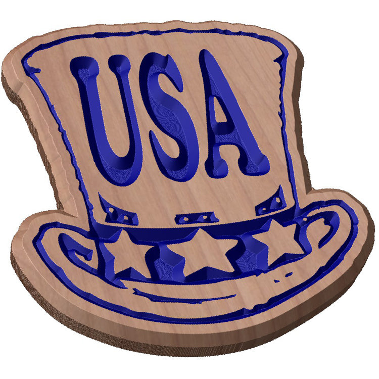 Angled shot of a custom hardwood USA top hat patriotic sign with carved stars and stripes relief design on a white background.