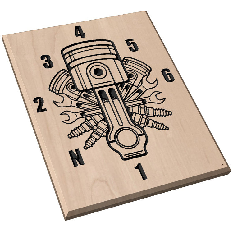 Angled shot of a Handcrafted relief-carved hardwood sign featuring the iconic "1N23456" motorcycle shift pattern, with a detailed central piston and connecting rod design.