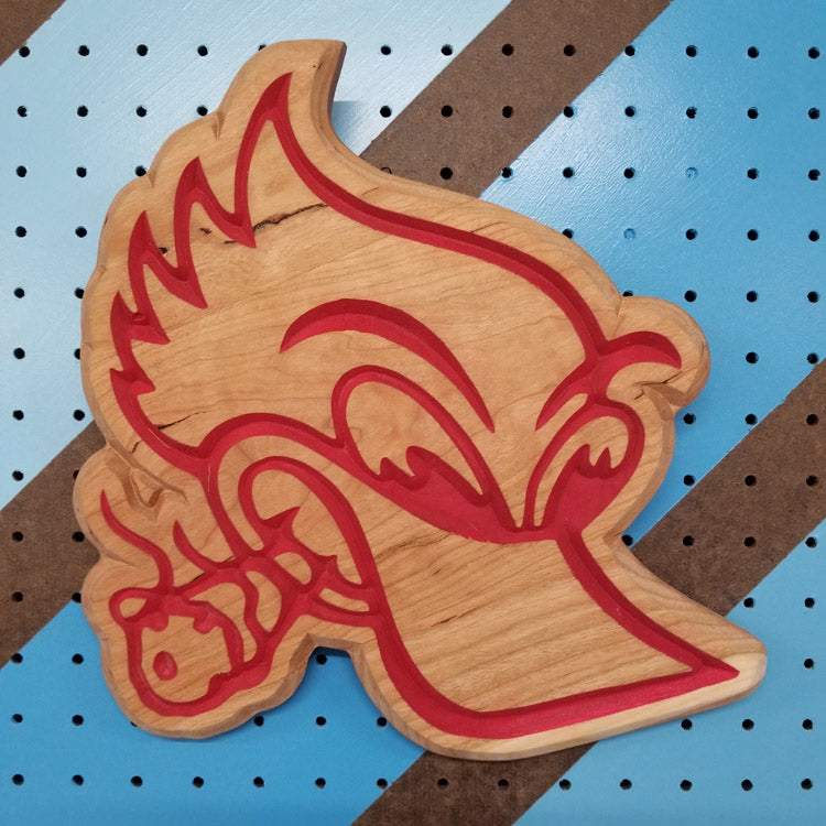 Hand-painted cartoon hot rod woodpecker wooden plaque displayed as vintage speed shop wall decor.