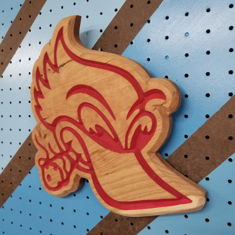 12x12 inch premium hardwood novelty cartoon sign hanging on a workshop pegboard backdrop.