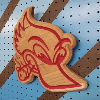 12x12 inch premium hardwood novelty cartoon sign hanging on a workshop pegboard backdrop.