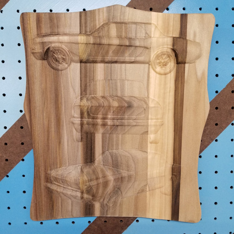 Unpainted solid hardwood 3-view vehicle plaque showing natural wood grain and clean CNC carving details.
