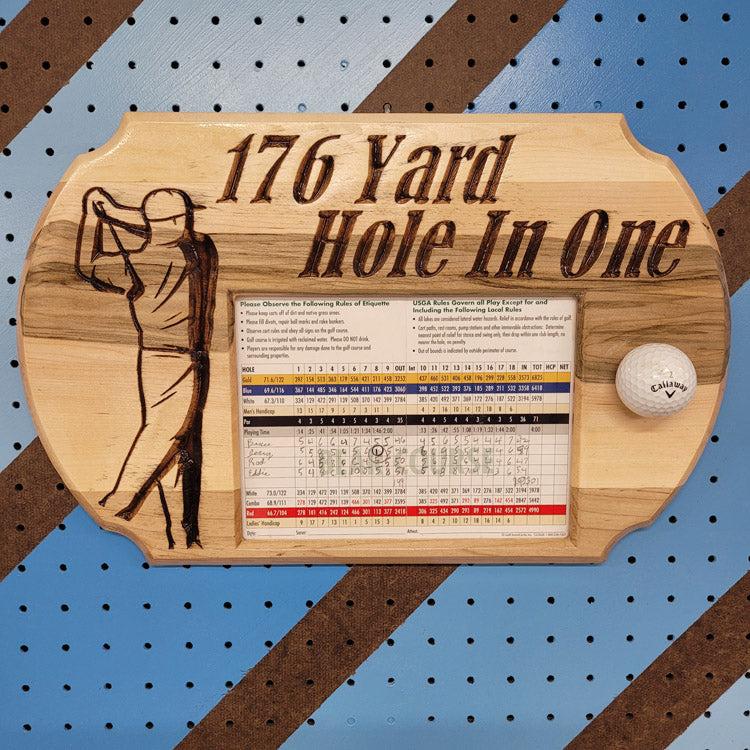 Custom CNC-carved wooden plaque featuring a silhouette of a golfer and the text '176 Yard Hole In One