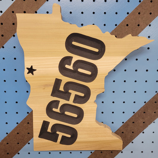 Handcrafted relief-carved hardwood Minnesota sign featuring a customizable town name and zip code, allowing you to highlight your hometown with a personalized star placement.