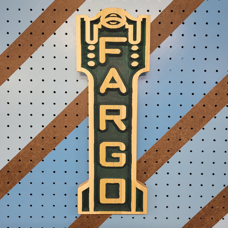 Relief carved hardwood sign featuring the iconic Fargo Theatre marquee design.