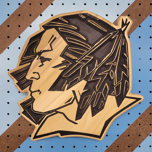 Relief carved hardwood wall hanging sign featuring an iconic Fighting Sioux head design with detailed feathers.