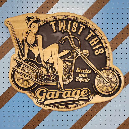 Solid hardwood vintage chopper pinup sign with Twist This Garage text design.