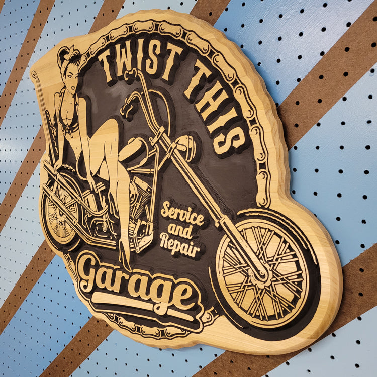 Close-up showing the premium wood grain and hand-finished edges of a custom biker chick wall art sign.