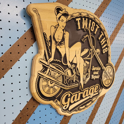 Handcrafted hardwood motorcycle portrait sign featuring a personalized 1950s style pinup illustration.