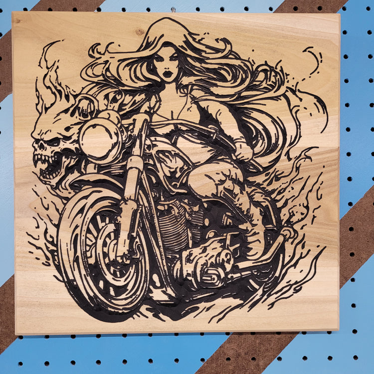 Relief carved hardwood "Demoness" sign featuring a biker chick on a motorcycle with a skull design.