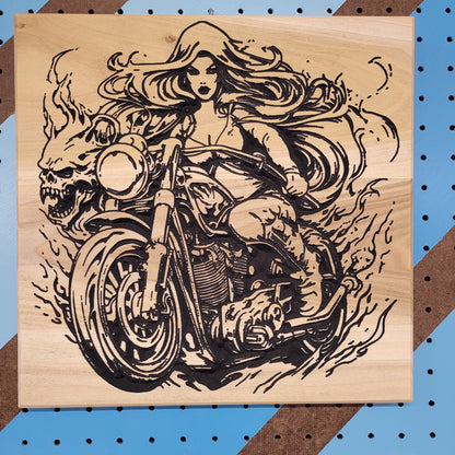 Relief carved hardwood "Demoness" sign featuring a biker chick on a motorcycle with a skull design.