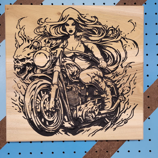 Relief carved hardwood "Demoness" sign featuring a biker chick on a motorcycle with a skull design.