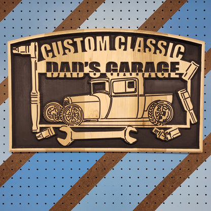 Relief carved hardwood "Custom Classic Dad's Garage" sign featuring a vintage car illustration and tool motif, fully customizable to your specific vehicle.