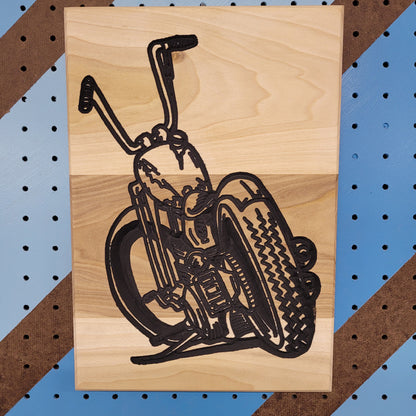 Relief carved hardwood sign featuring a detailed chopper motorcycle resting on its kickstand.
