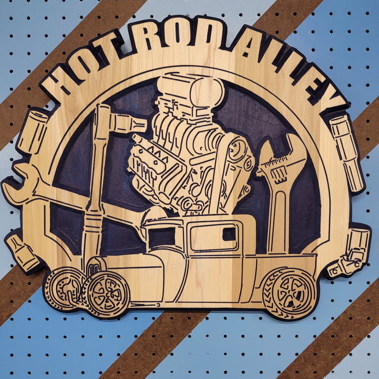 Fully customizable relief carved hardwood round sign featuring a vintage hot rod truck with a massive blower engine, wrenches, and Hot Rod Alley text.