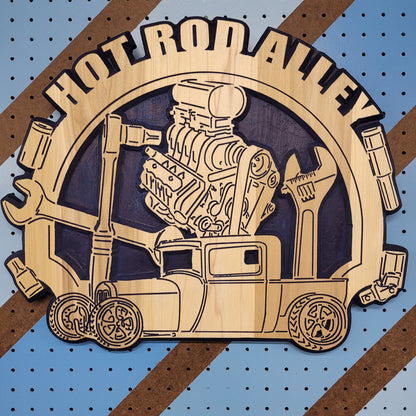 Fully customizable relief carved hardwood round sign featuring a vintage hot rod truck with a massive blower engine, wrenches, and Hot Rod Alley text.