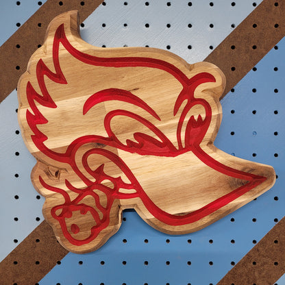 Handcrafted solid hardwood Woody Hot Rod Woodpecker sign with vibrant red painted details.