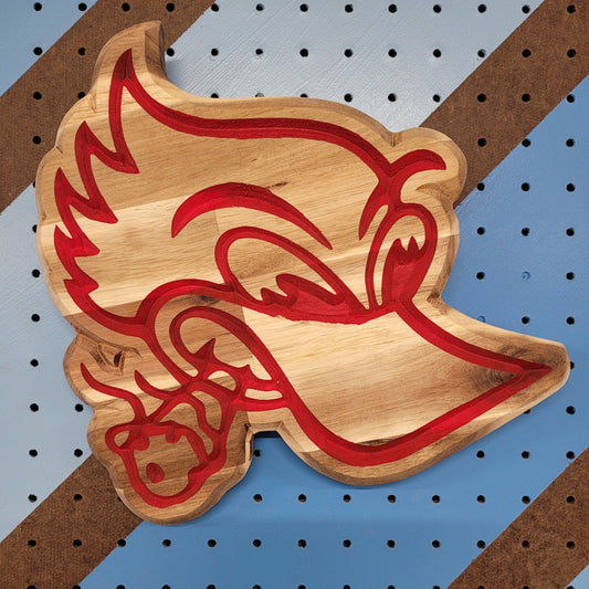Handcrafted solid hardwood Woody Hot Rod Woodpecker sign with vibrant red painted details.
