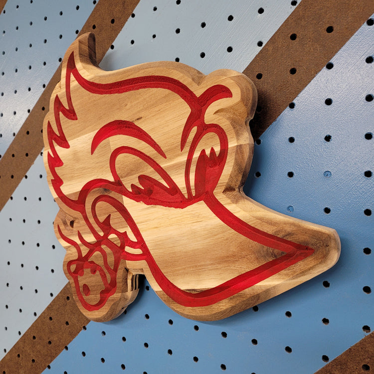 Side angle view highlighting the clean CNC carving lines and natural wood grain on a retro woodpecker garage sign.
