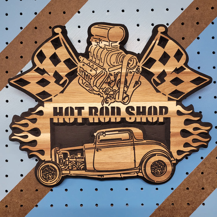 Relief carved hardwood sign with a 1932 Ford hot rod, black blower engine, checkered flags, and Hot Rod Shop text.