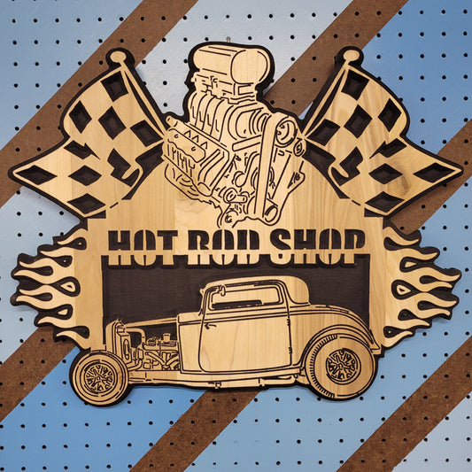 Relief carved hardwood sign with a 1932 Ford hot rod, black blower engine, checkered flags, and Hot Rod Shop text on striped pegboard