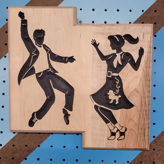 Custom hardwood 1950s swing dance sign with relief carved and hand-painted rockabilly jive couple.