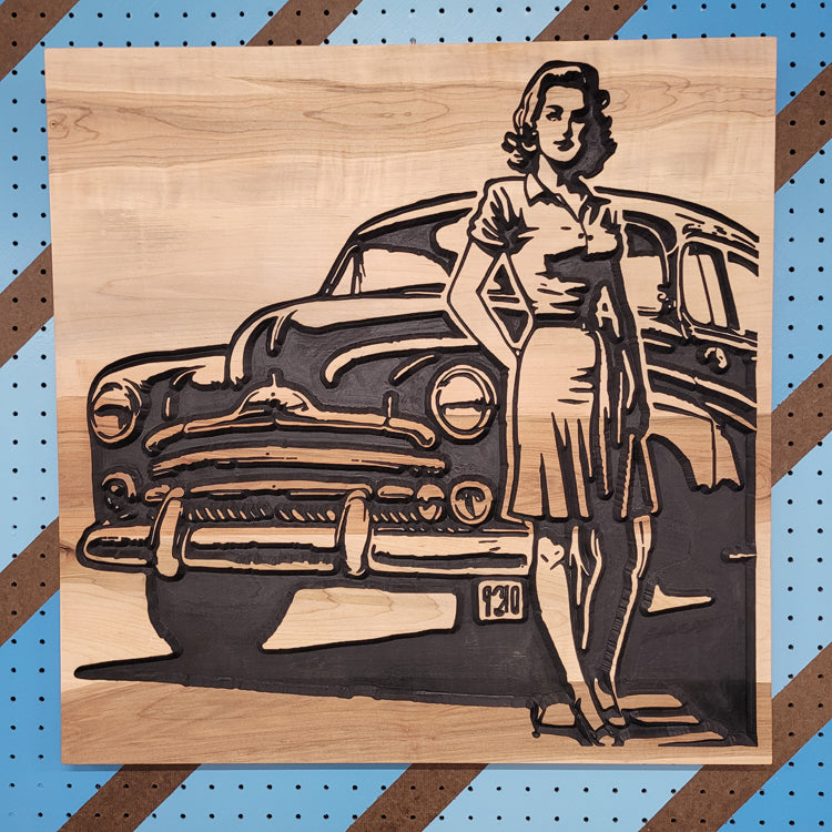 Solid hardwood vintage pinup sign featuring a classic 1950s style car illustration.