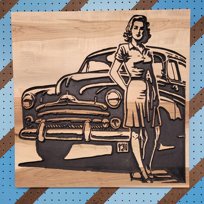 Solid hardwood vintage pinup sign featuring a classic 1950s style car illustration.