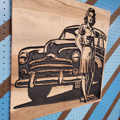 Close-up showing the premium wood grain and hand-painted details on a custom car pinup sign.