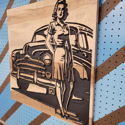 Personalized classic car and vintage pinup wooden sign displayed as hot rod garage wall decor.