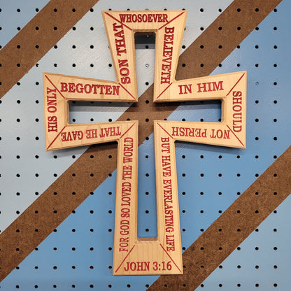 Handcrafted relief-carved hardwood cross, featuring the text of John 3:16.