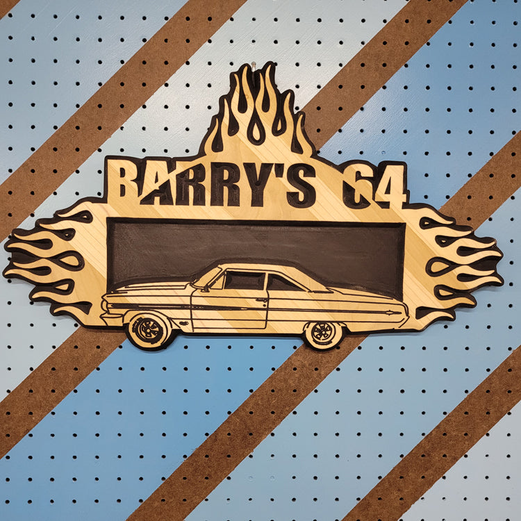 Custom CNC-carved wooden sign featuring a classic car silhouette, flame detailing, and the text 'BARRY'S 64