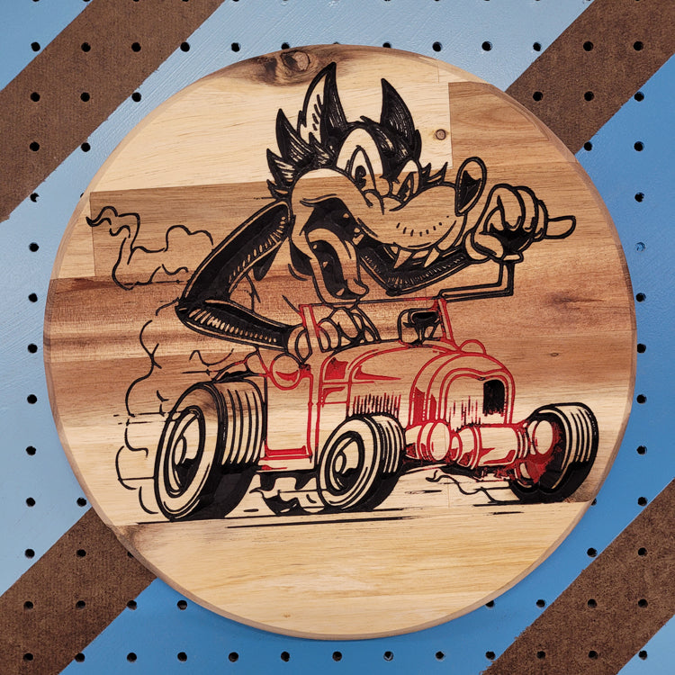 Handcrafted relief-carved hardwood "Bad Wolf" sign, featuring a stylized cartoon wolf driving a classic hot rod.
