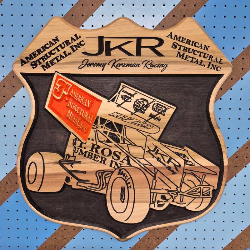 Custom CNC-carved wooden racing plaque featuring a sprint car design, handcrafted and finished by Whiskey River Craftworks.