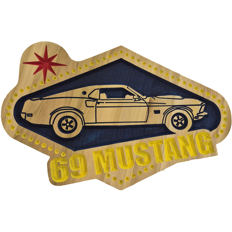 Handcrafted relief-carved hardwood sign featuring a 1969 Ford Mustang design, fully customizable to showcase your favorite vehicle and personal messaging.