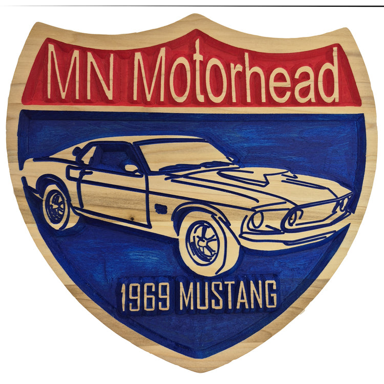 Customizable relief carved hardwood MN highway shield sign shown with a 1969 Mustang design and MN Motorhead text.