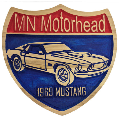 Customizable relief carved hardwood MN highway shield sign shown with a 1969 Mustang design and MN Motorhead text.