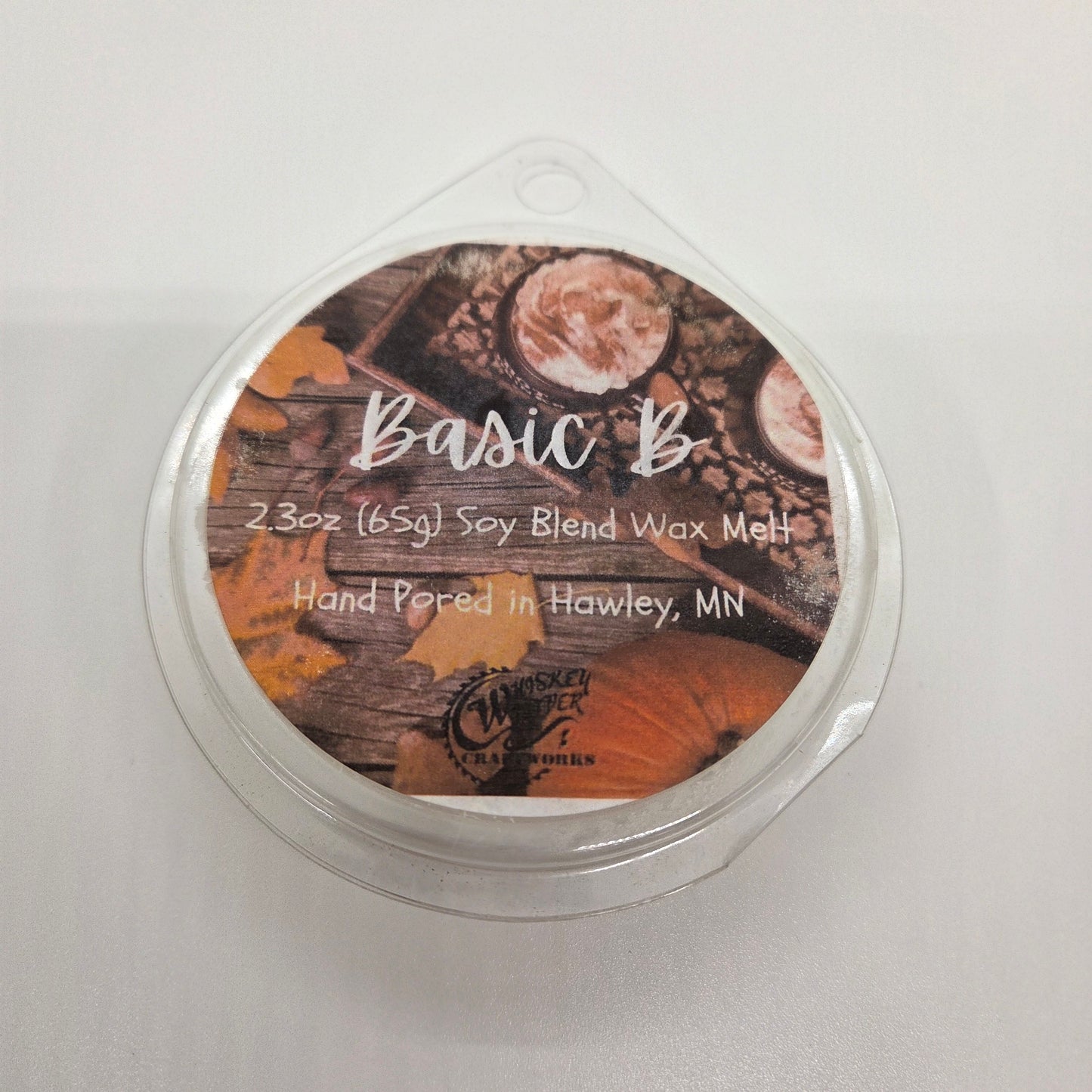 Wax Melts variant in Basic B featuring a minimalist, trendy custom fragrance label on a clear clamshell pack.