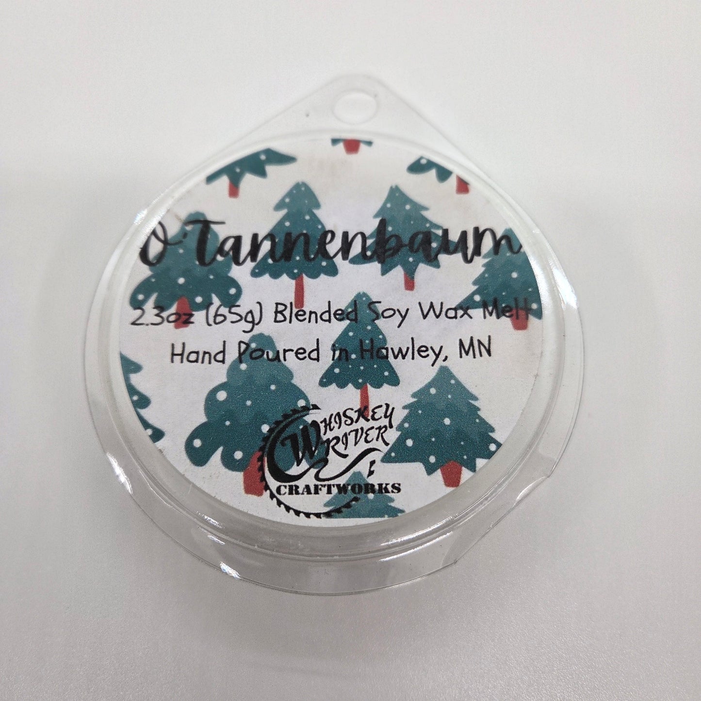 Wax Melts variant in O'Tannenbaum featuring a rustic evergreen-themed custom fragrance label on a clear clamshell pack.