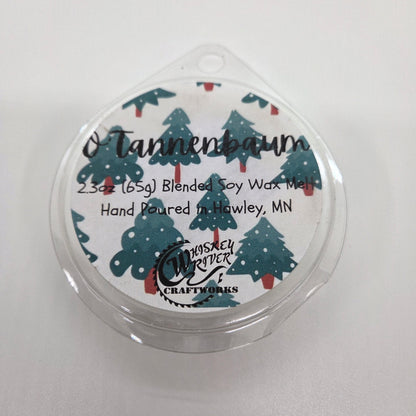 Wax Melts variant in O'Tannenbaum featuring a rustic evergreen-themed custom fragrance label on a clear clamshell pack.