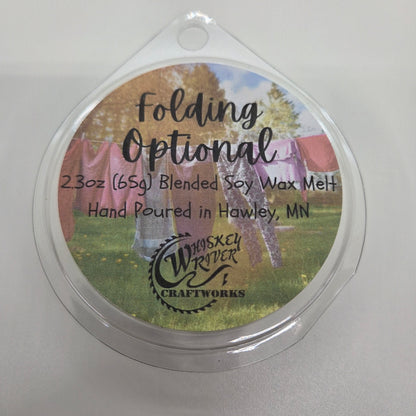 Wax Melts variant in Folding Optional featuring a fresh laundry-themed custom fragrance label on a clear clamshell pack.