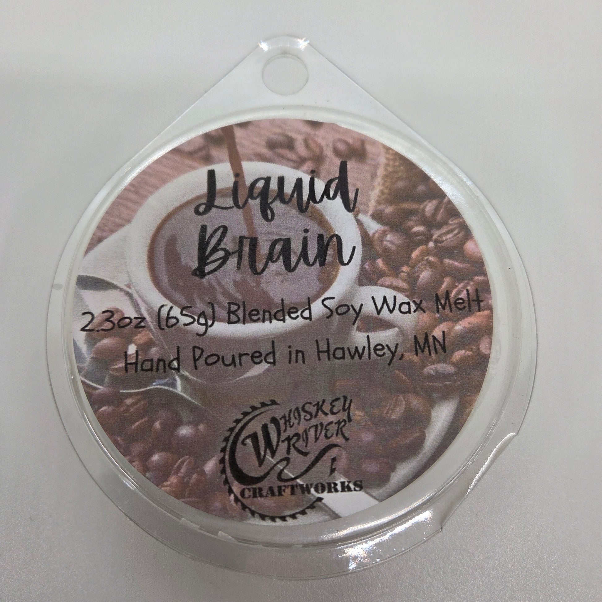 ax Melts variant in Liquid Brain featuring a custom coffee-themed retro fragrance label on a clear clamshell pack.