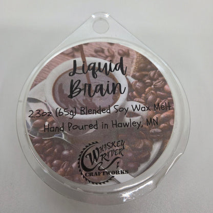ax Melts variant in Liquid Brain featuring a custom coffee-themed retro fragrance label on a clear clamshell pack.