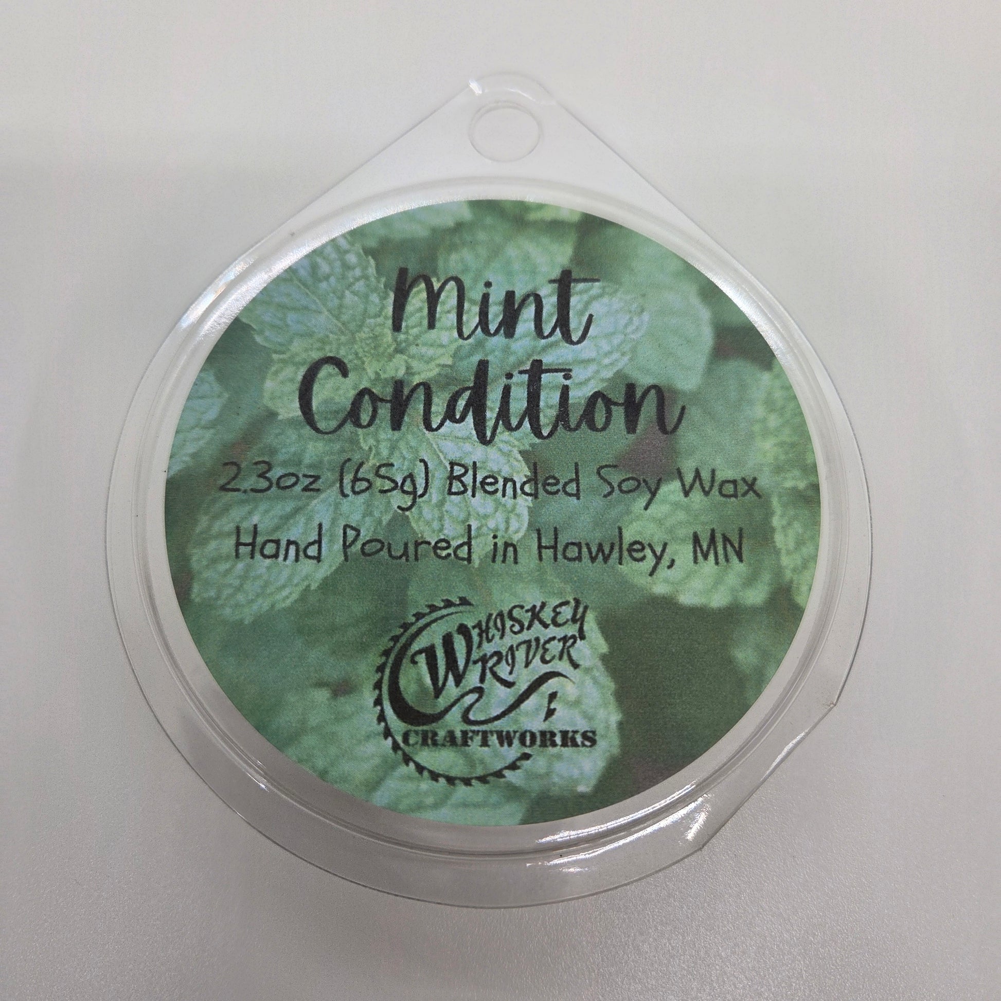 Wax Melts variant in Mint Condition featuring a crisp, custom mint and eucalyptus themed retro fragrance label on a clear clamshell pack.