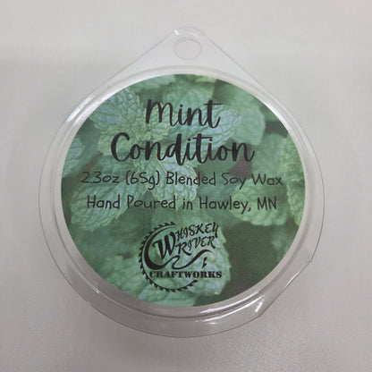 Wax Melts variant in Mint Condition featuring a crisp, custom mint and eucalyptus themed retro fragrance label on a clear clamshell pack.