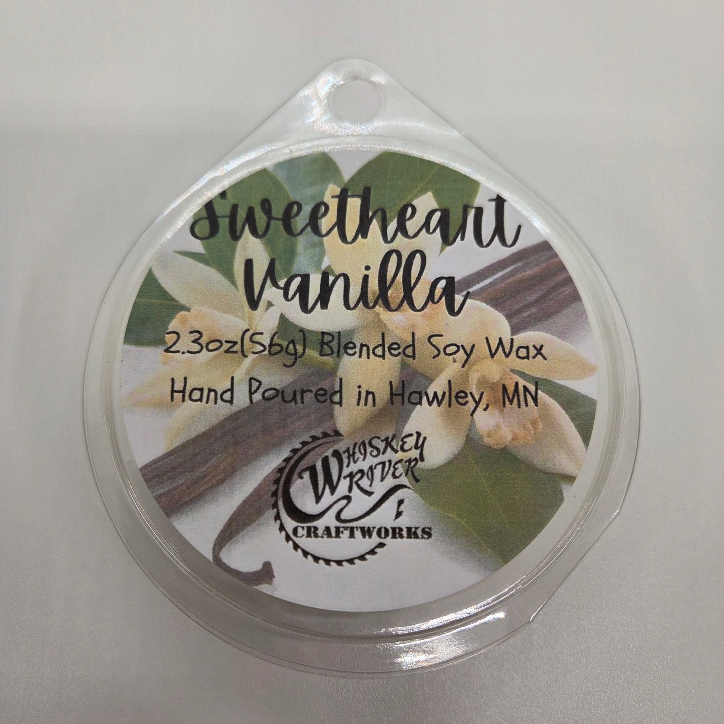 Wax Melts variant in Sweetheart Vanilla featuring a sweet, nostalgic script custom fragrance label on a clear clamshell pack.