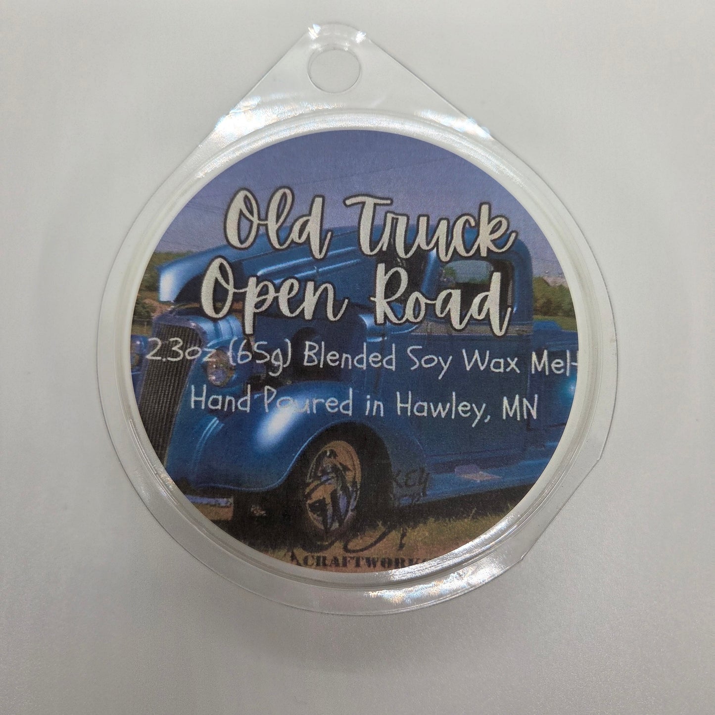 Wax Melts variant in Old Truck Open Road featuring a rugged, vintage truck-themed custom fragrance label on a clear clamshell pack.